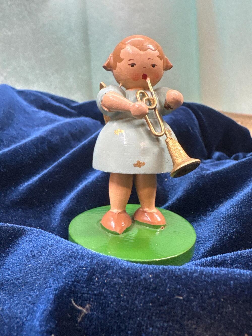 Vintage wood Angel Figurine w/ horn. Italy Blue Angel Christmas Easter Deco